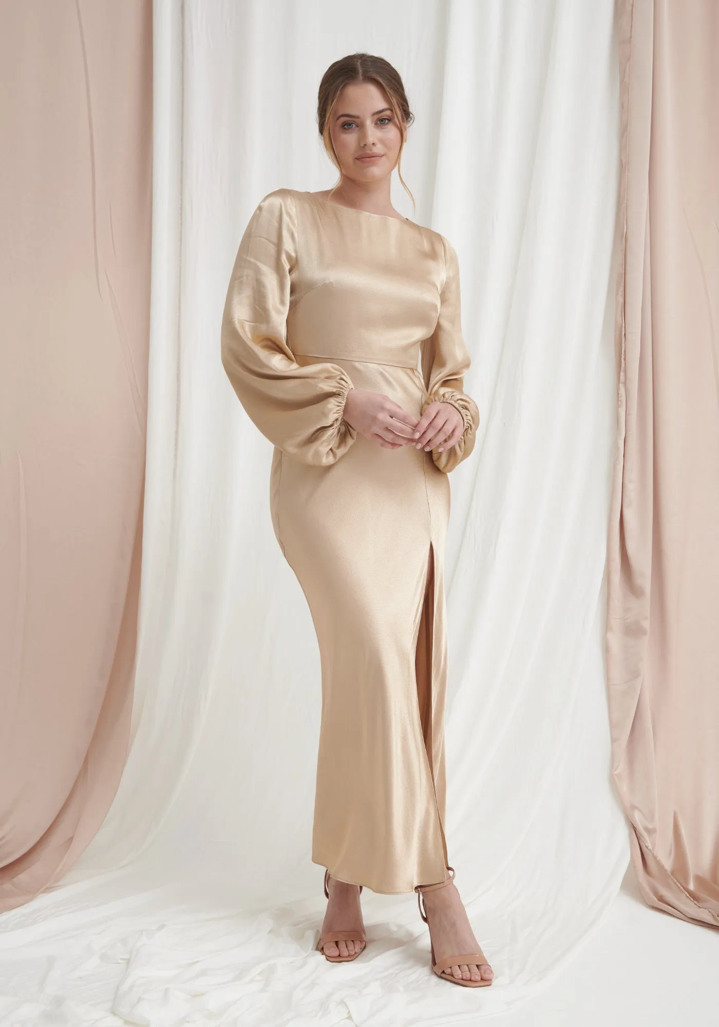 Sara Long Sleeve Split Satin Dress - Champagne