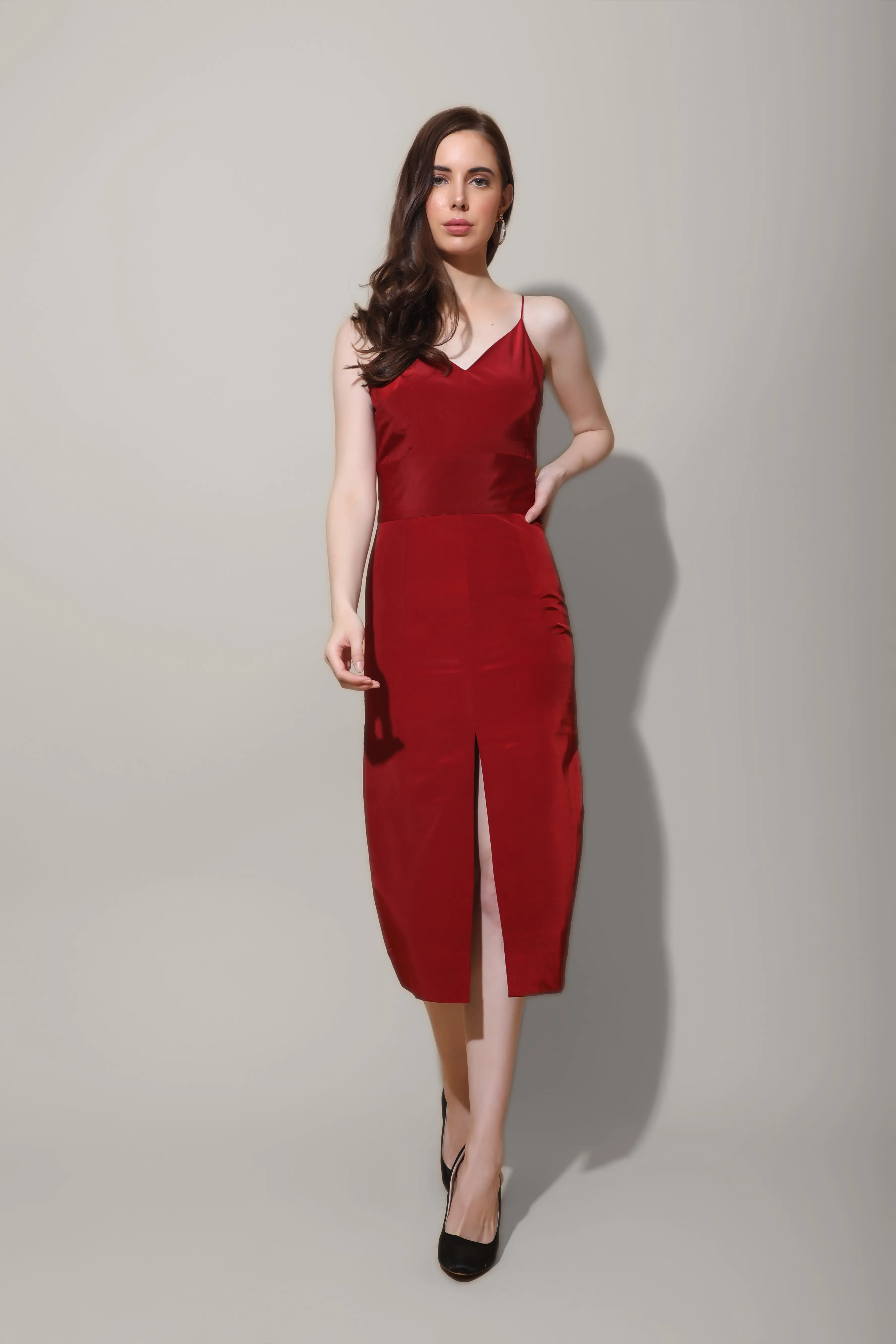 Scarlet Red Front Slit Midi Dress