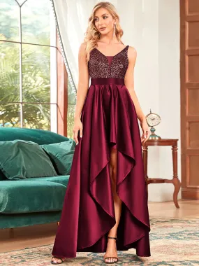 Sequinned Top High-Low Satin Formal Dress