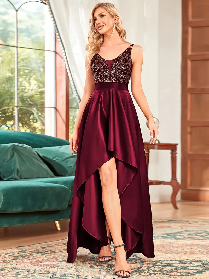 Sequinned Top High-Low Satin Formal Dress