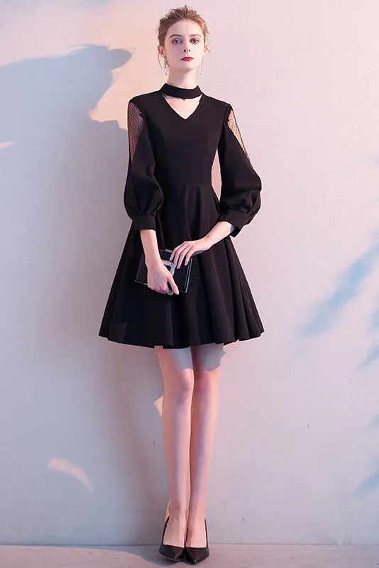 Sexy Black Halter V Neck Long Sleeves A Line Short Homecoming Dresses