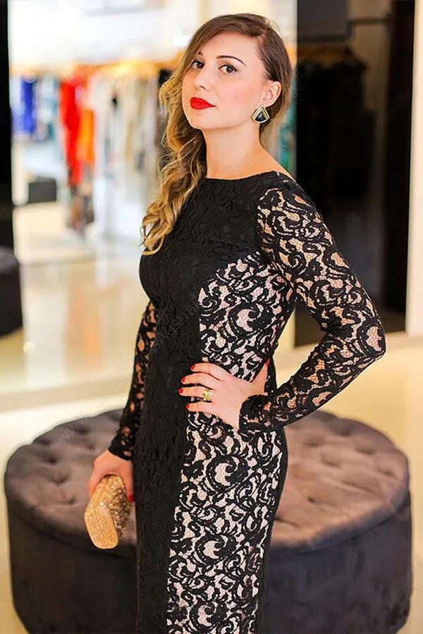 Sexy Black Mermaid Lace Long Sleeve High Neck Floor-Length Backless Plus Size Prom Dresses