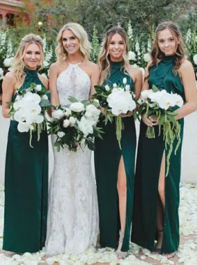 Sheath High Neck Dark Green Satin Bridesmaid Dress