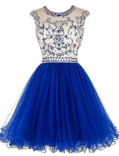 Short Beading Prom Dress Tulle Scoop Cap Sleeve Royal Blue Evening Dress Hollow Back