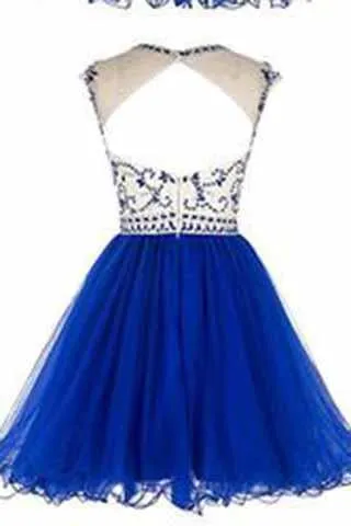 Short Beading Prom Dress Tulle Scoop Cap Sleeve Royal Blue Evening Dress Hollow Back