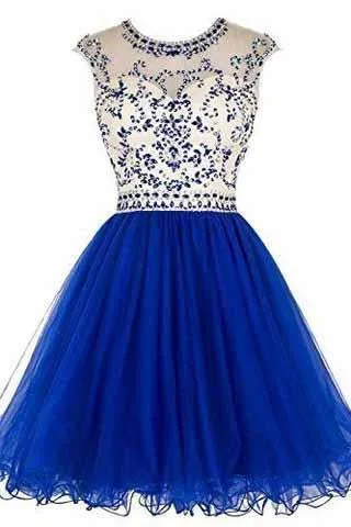 Short Beading Prom Dress Tulle Scoop Cap Sleeve Royal Blue Evening Dress Hollow Back