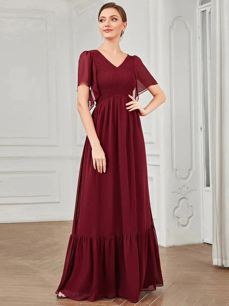 Simple V Neck Short Ruffles Sleeves A Line Evening Dresses