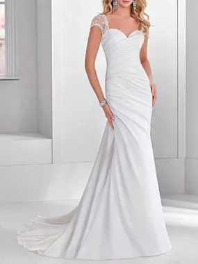 Simple Wedding Dress Lycra Spandex Sweetheart Neck Short Sleeves Beaded Mermaid Bridal Dresses