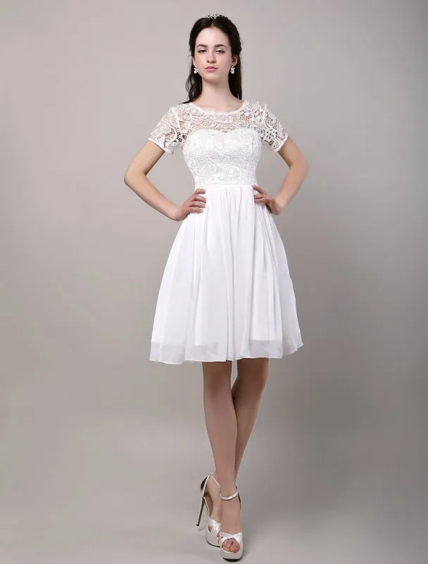 Simple Wedding Dresses Short Sleeves Lace Bodice Chiffon Reception Bridal Dress