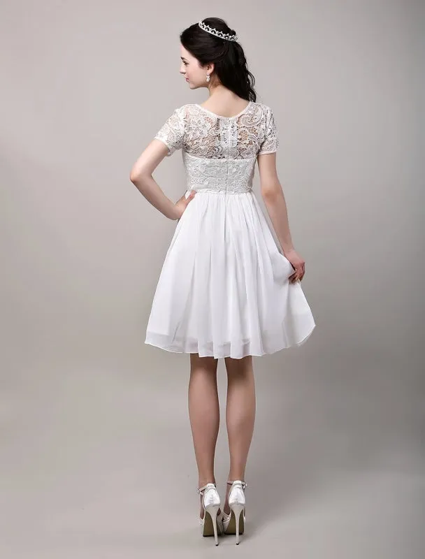 Simple Wedding Dresses Short Sleeves Lace Bodice Chiffon Reception Bridal Dress