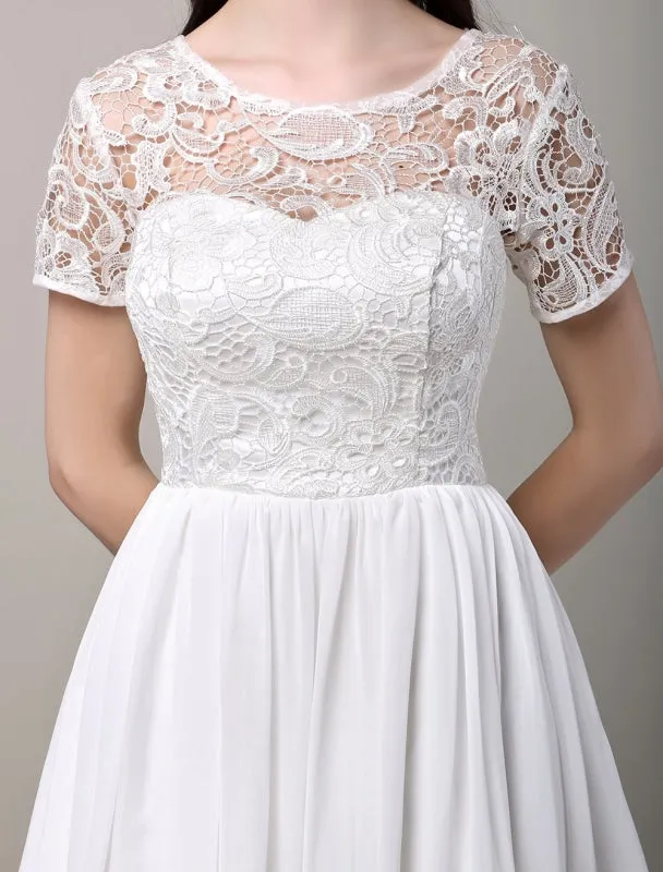 Simple Wedding Dresses Short Sleeves Lace Bodice Chiffon Reception Bridal Dress