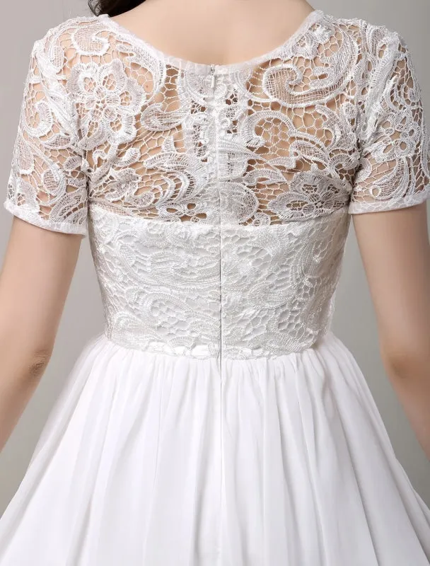 Simple Wedding Dresses Short Sleeves Lace Bodice Chiffon Reception Bridal Dress