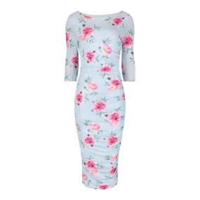 Sky Blue Pink Floral 3/4 Sleeve Vintage Pleat Detail Slinky Pencil Dress