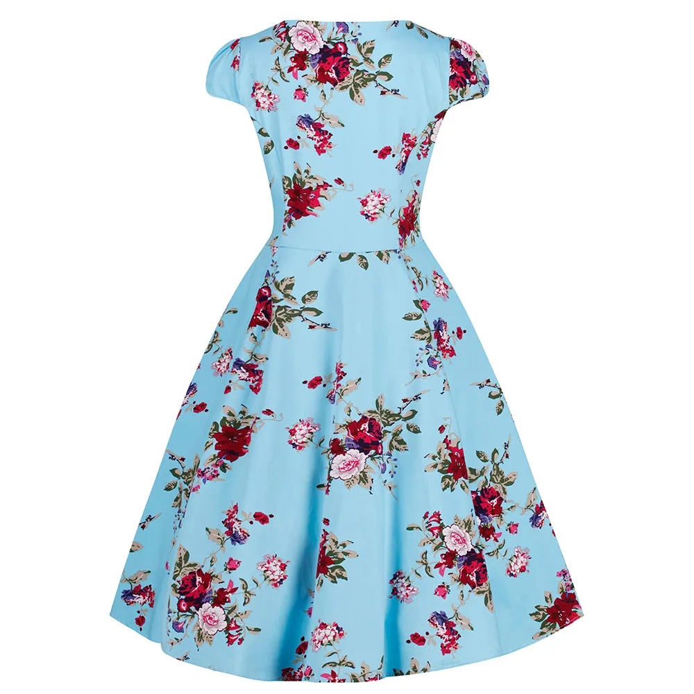 Sky Blue Vintage Floral Blossom Rockabilly 50s Swing Dress