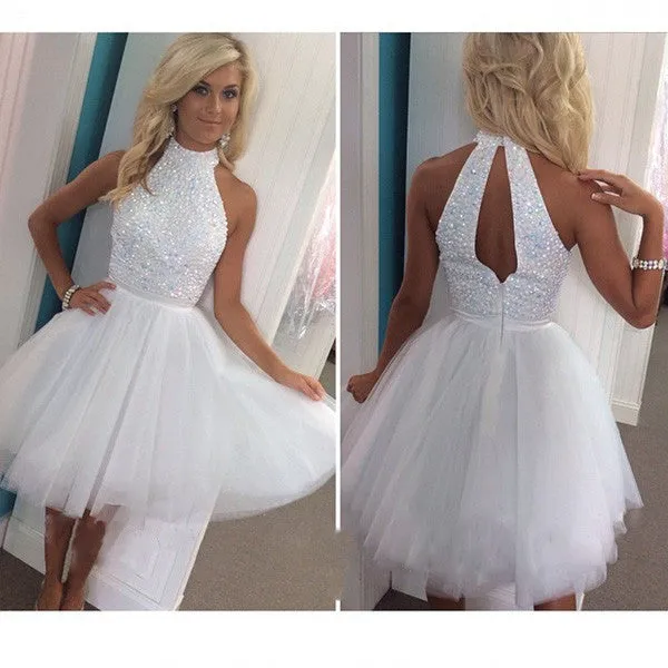 Sleeveless High Neck Short White Appliqued Beaded Tulle Homecoming Dresses