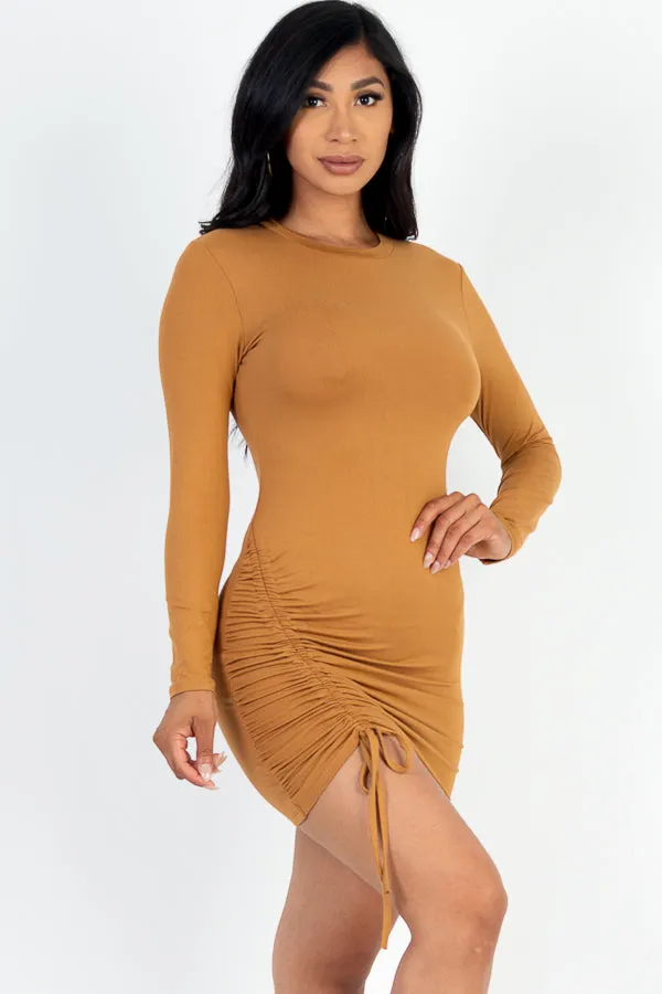 Solid Ruched Drawstring Long Sleeve Bodycon Dress