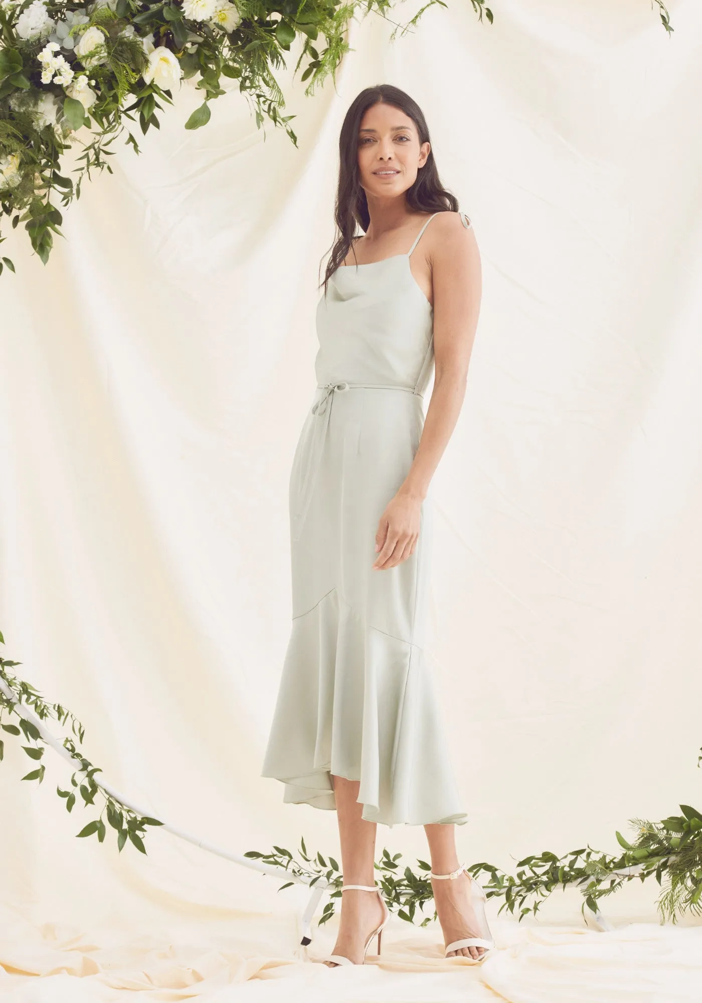 Sophia Cowl Neck Fishtail Satin Midi Dress - Sage Green