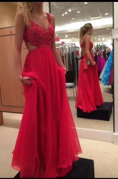 Spaghetti Strap Lace Bodice Red Chiffon Skirt Backless Prom Dress Red Long Formal Gown