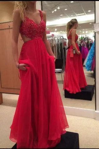 Spaghetti Strap Lace Bodice Red Chiffon Skirt Backless Prom Dress Red Long Formal Gown