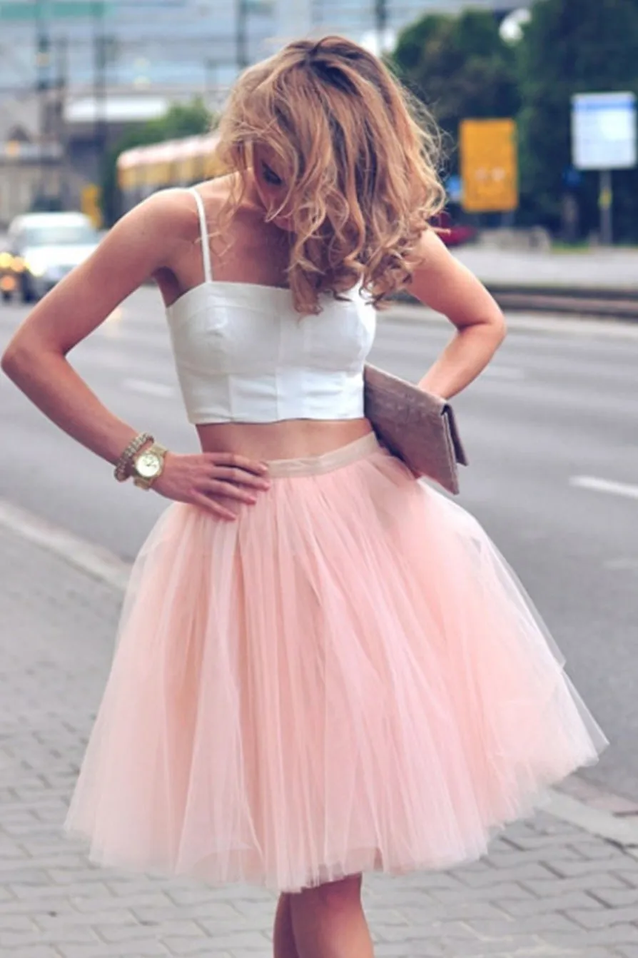 Spaghetti Straps Two Piece Blush Pink Short Homecoming Dresses