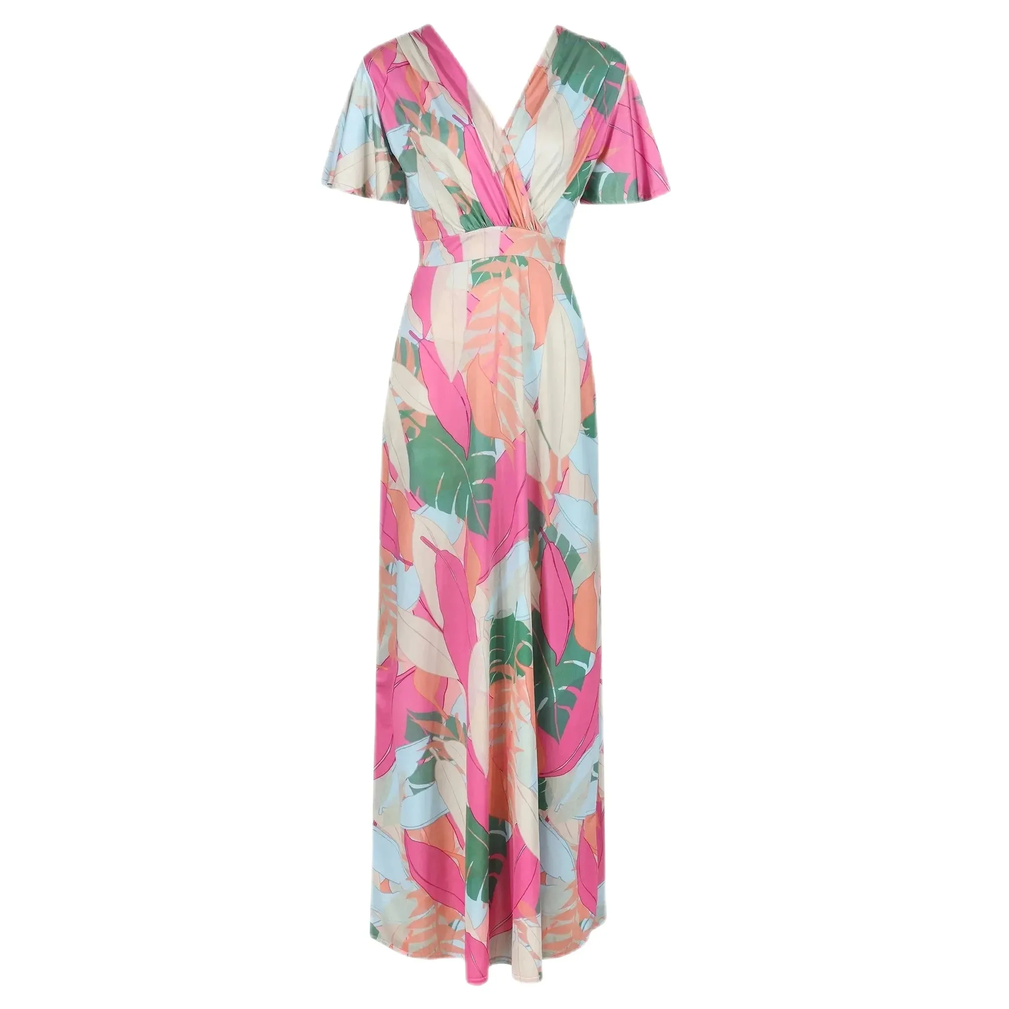 Summer Pastel Leaves Print Waterfall Sleeve Wrapover Maxi Dress