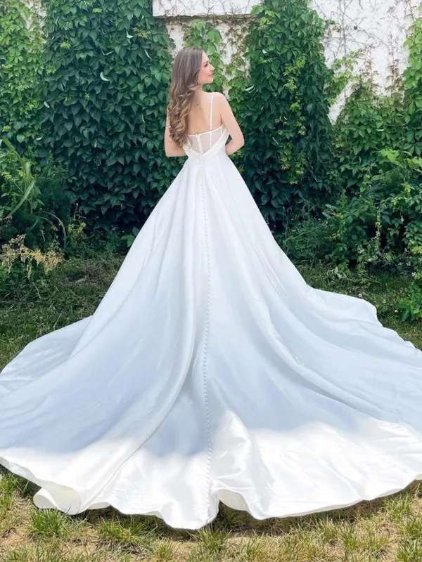 Sweetheart Neck Open Back White Long Prom Wedding Dresses with Train, White Formal Graduation Evening Dresses