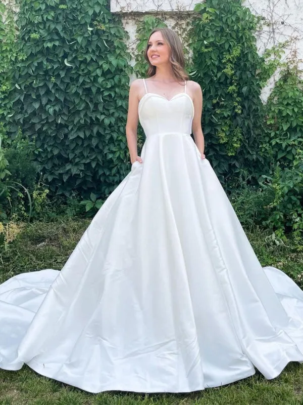 Sweetheart Neck Open Back White Long Prom Wedding Dresses with Train, White Formal Graduation Evening Dresses