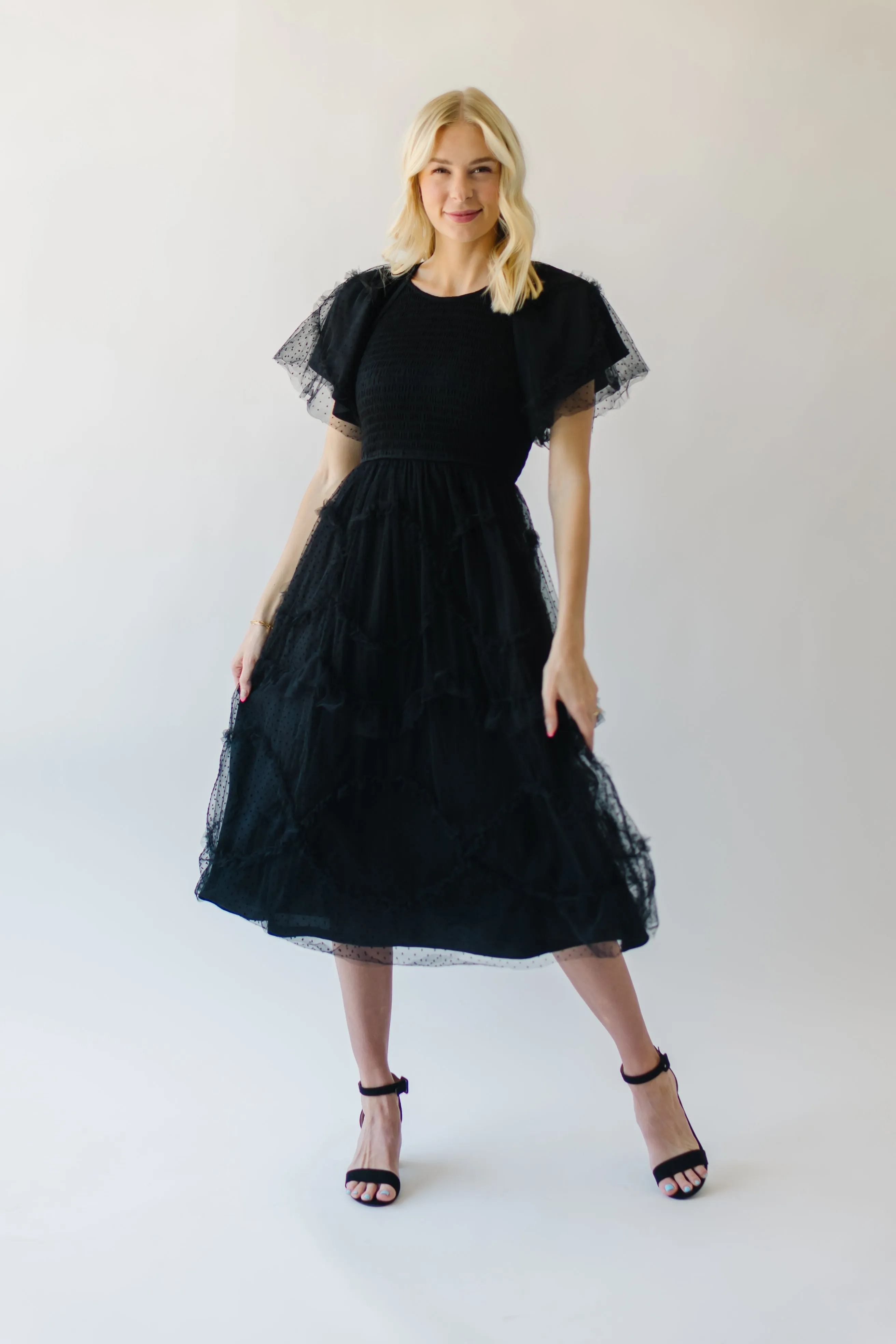 The Bolingbroke Smocked Detail Midi Dress in Black