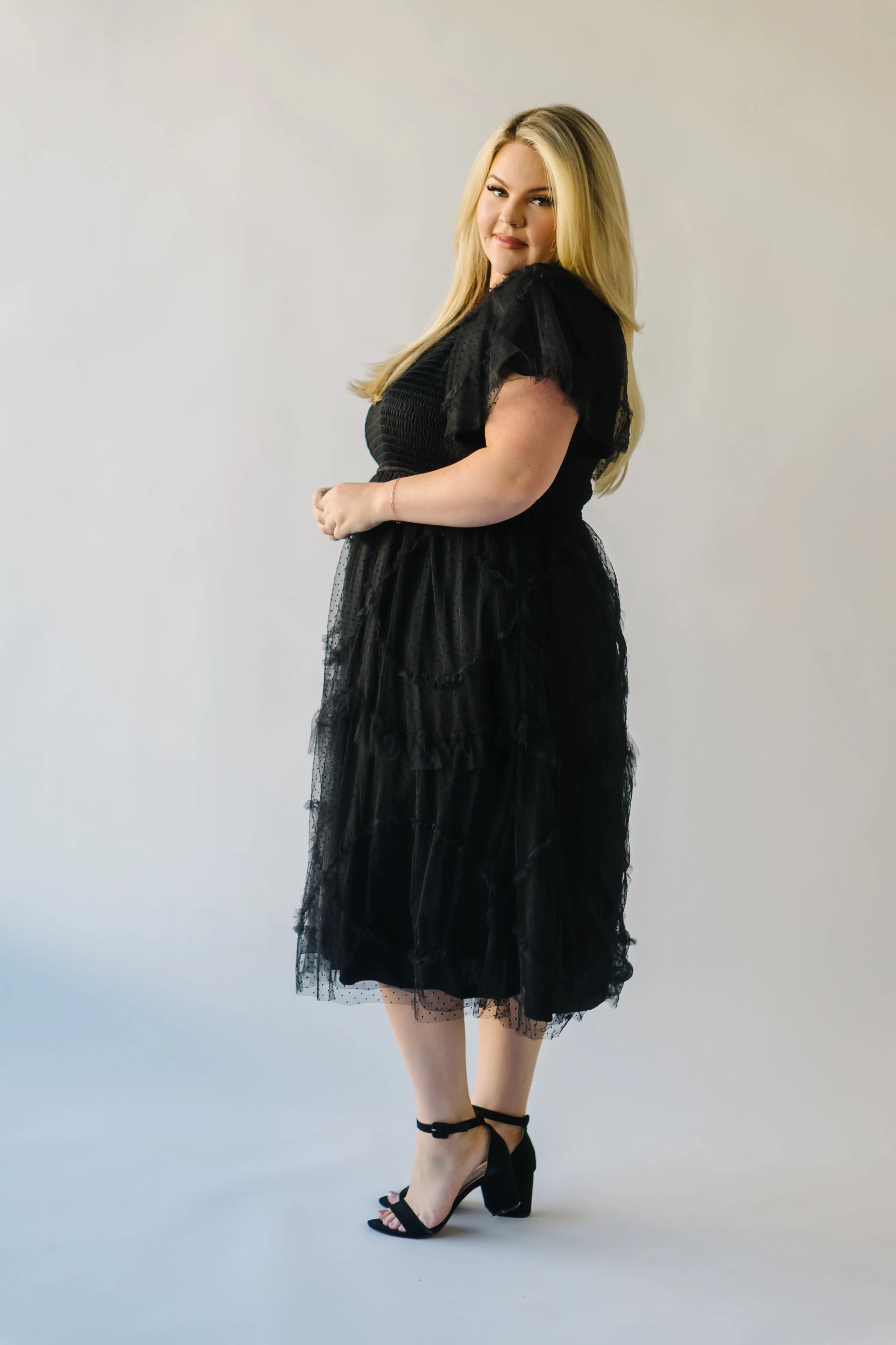 The Bolingbroke Smocked Detail Midi Dress in Black