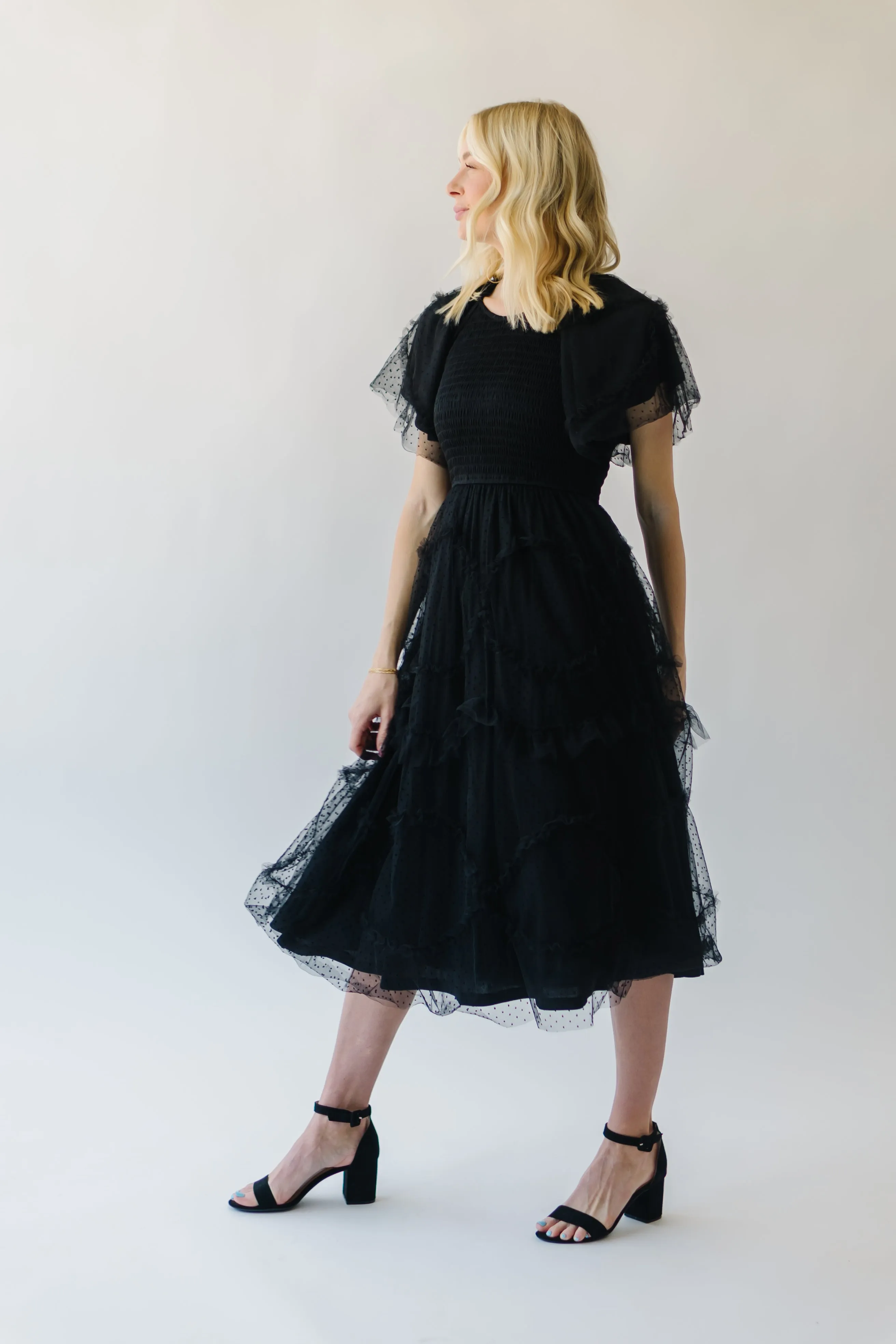 The Bolingbroke Smocked Detail Midi Dress in Black