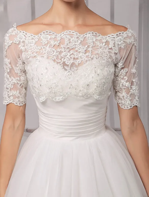 Tull Off-The-Shoulder Ball Gown Wedding With A Lace Wrap Exclusive