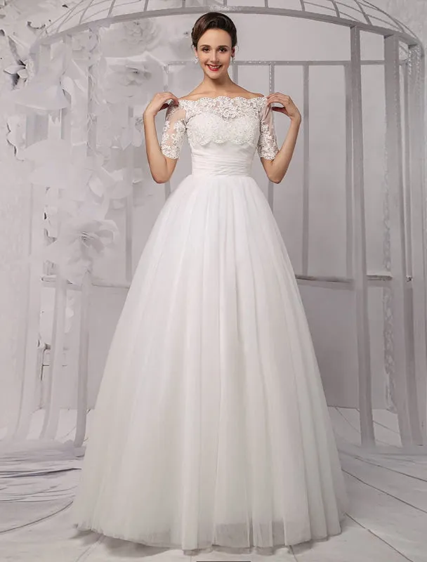 Tull Off-The-Shoulder Ball Gown Wedding With A Lace Wrap Exclusive