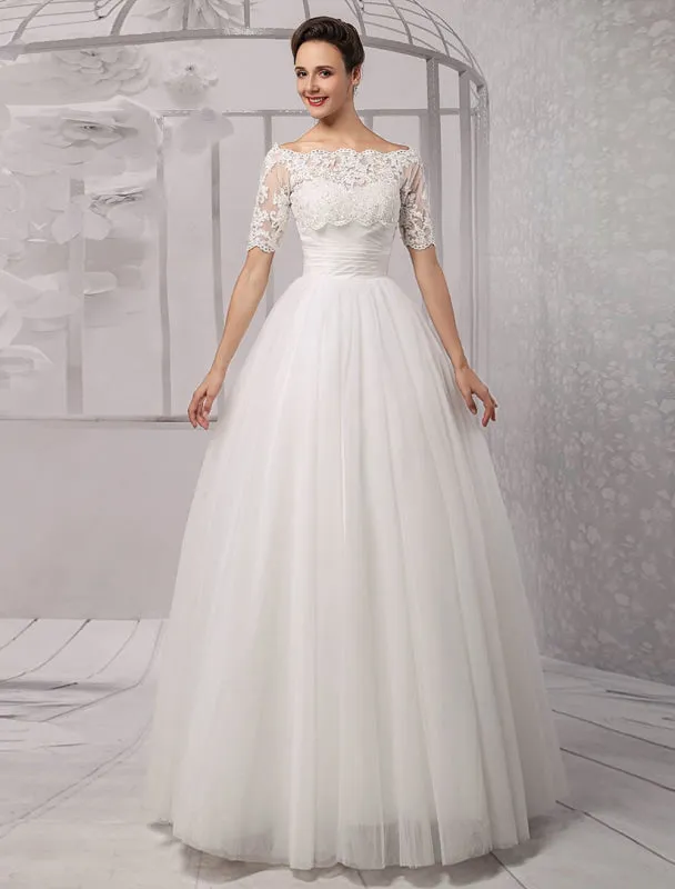 Tull Off-The-Shoulder Ball Gown Wedding With A Lace Wrap Exclusive