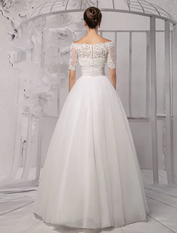 Tull Off-The-Shoulder Ball Gown Wedding With A Lace Wrap Exclusive