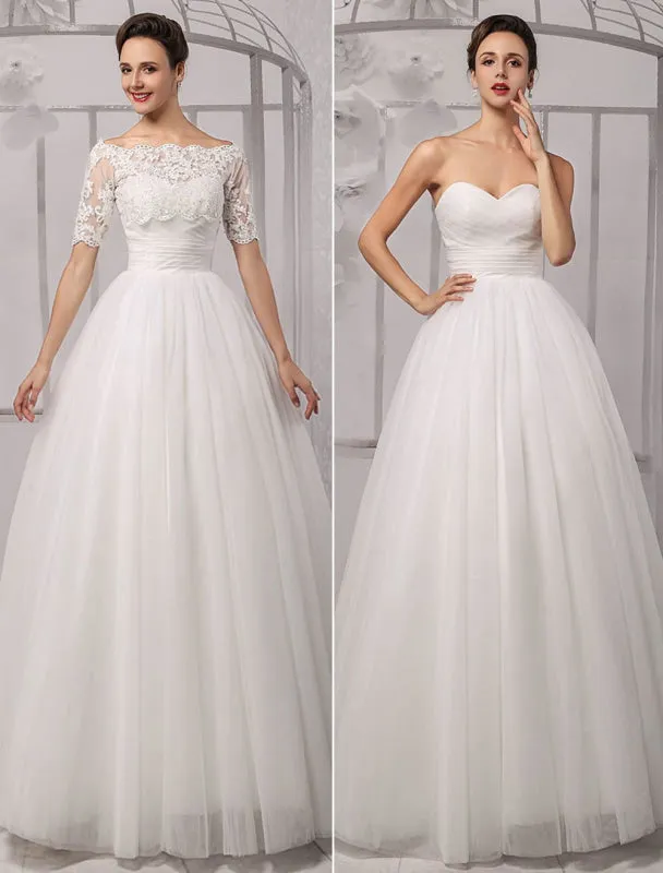 Tull Off-The-Shoulder Ball Gown Wedding With A Lace Wrap Exclusive