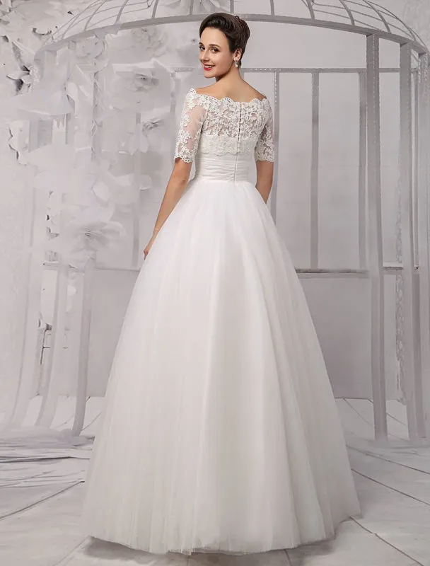 Tull Off-The-Shoulder Ball Gown Wedding With A Lace Wrap Exclusive