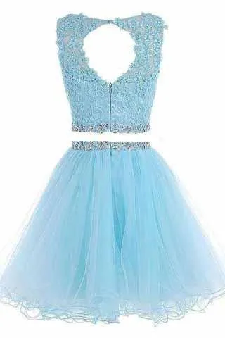 Two Piece Open Back Scoop Beads Sleeveless Grey Tulle A-Line Homecoming Dress