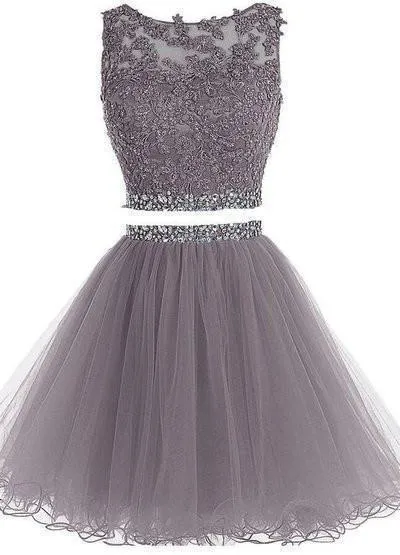 Two Piece Open Back Scoop Beads Sleeveless Grey Tulle A-Line Homecoming Dress