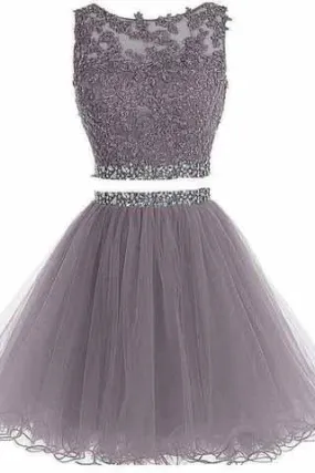 Two Piece Open Back Scoop Beads Sleeveless Grey Tulle A-Line Homecoming Dress