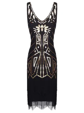 US Only Black 1920sSequin Fringed Flapper Dress