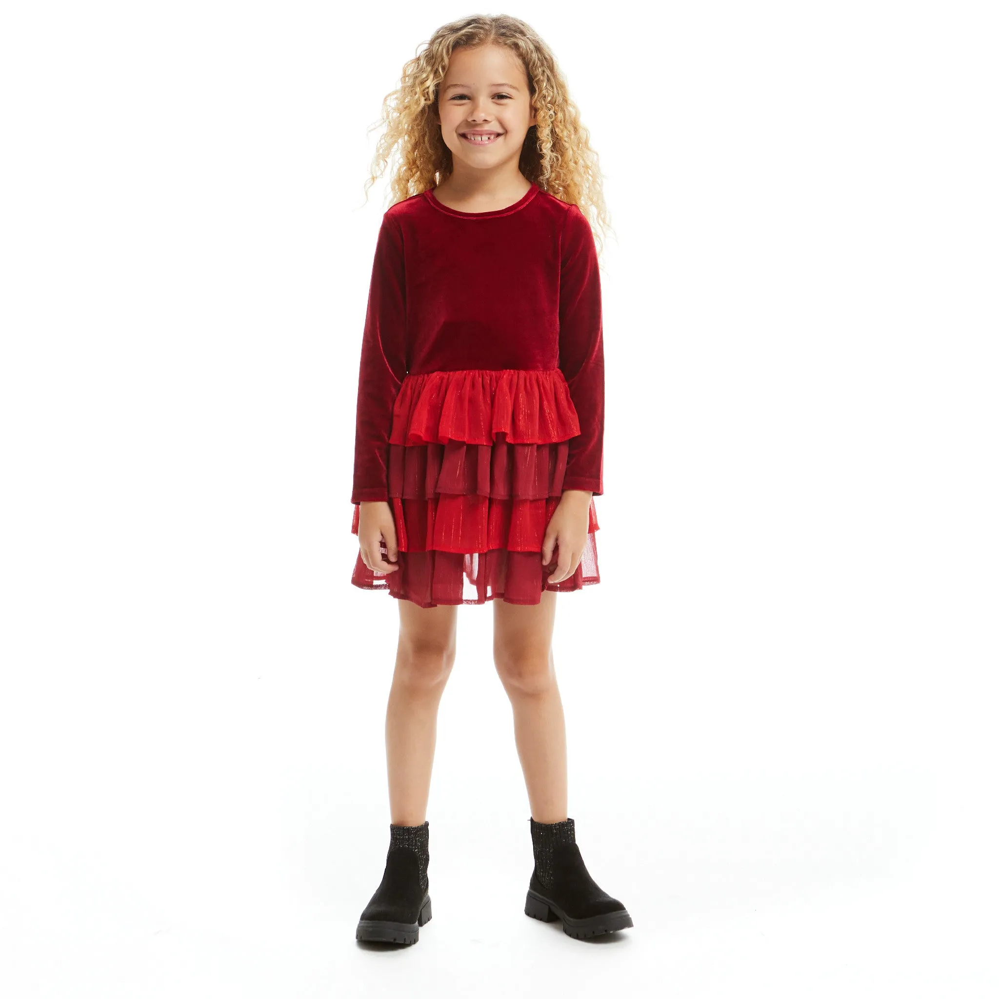 Velvet Tiered Dress  | Red