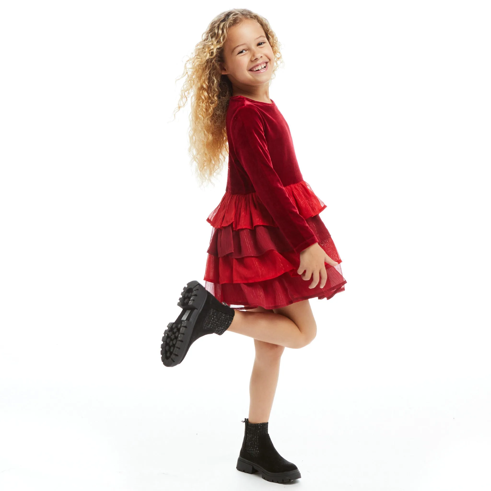 Velvet Tiered Dress  | Red