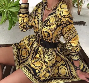 Vintage Print Gold Short Dress V Neck