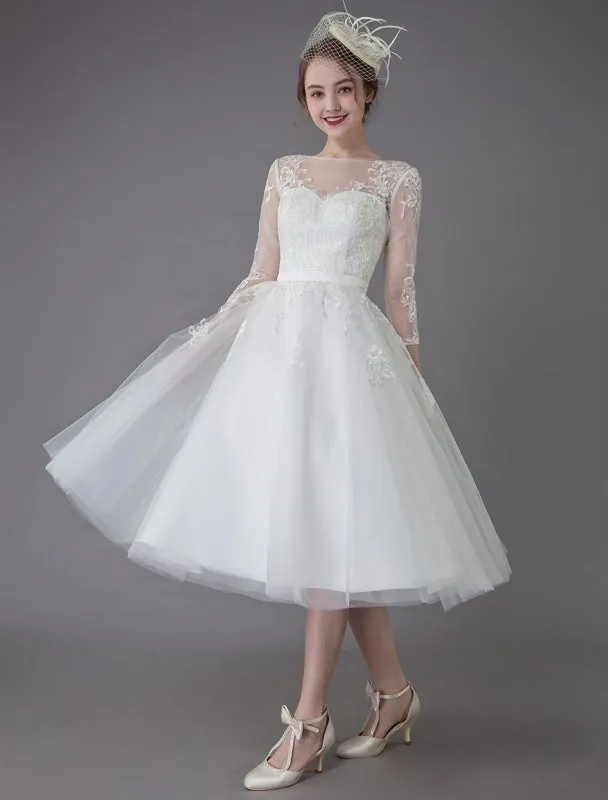 Vintage Wedding Dresses Tulle Bateau 3/4 Length Sleeve A Line Bridal Gown Short Bridal Dress Exclusive