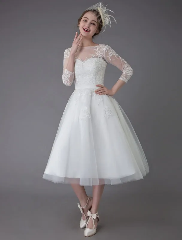 Vintage Wedding Dresses Tulle Bateau 3/4 Length Sleeve A Line Bridal Gown Short Bridal Dress Exclusive