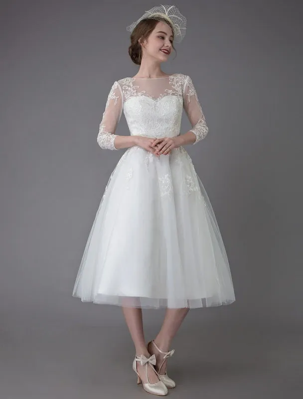 Vintage Wedding Dresses Tulle Bateau 3/4 Length Sleeve A Line Bridal Gown Short Bridal Dress Exclusive