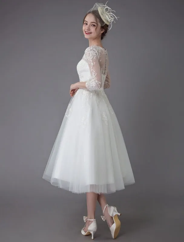 Vintage Wedding Dresses Tulle Bateau 3/4 Length Sleeve A Line Bridal Gown Short Bridal Dress Exclusive