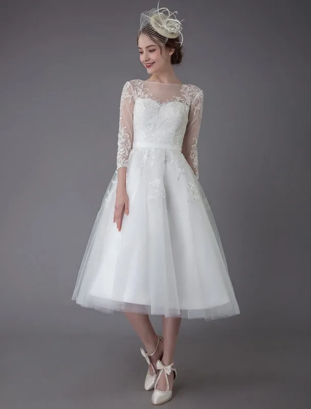 Vintage Wedding Dresses Tulle Bateau 3/4 Length Sleeve A Line Bridal Gown Short Bridal Dress Exclusive