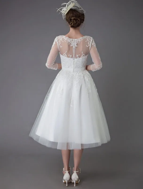 Vintage Wedding Dresses Tulle Bateau 3/4 Length Sleeve A Line Bridal Gown Short Bridal Dress Exclusive