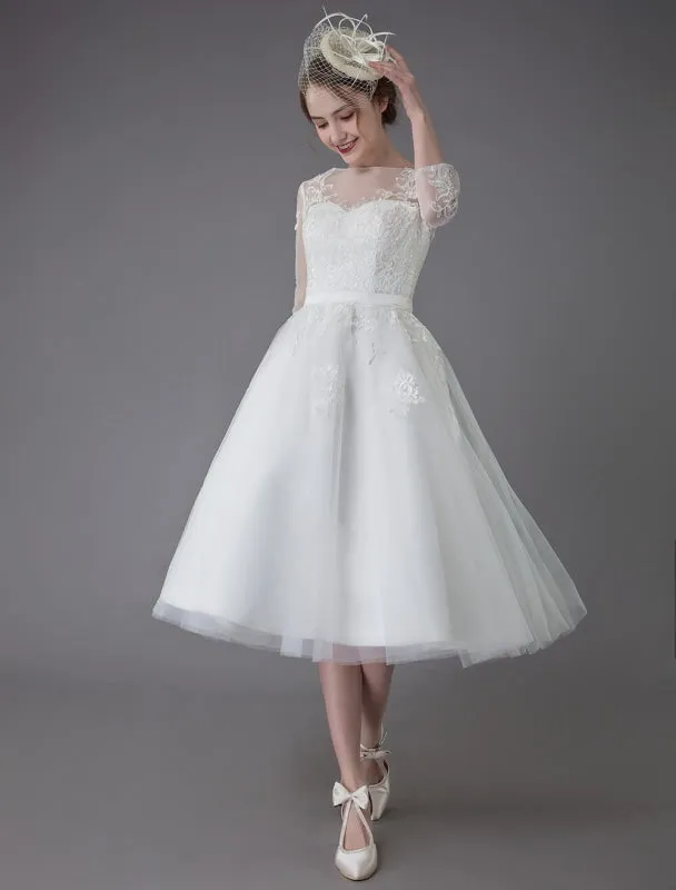 Vintage Wedding Dresses Tulle Bateau 3/4 Length Sleeve A Line Bridal Gown Short Bridal Dress Exclusive